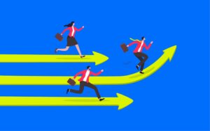 Athletes sprint along bold arrows, illustrating how a crisp narrative lets your brand surge ahead of slower competitors.