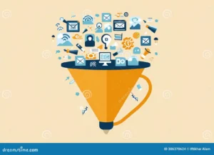 A broad funnel rains icons for ads, email, and social into its mouth—perfect visual shorthand for filling the top of your pipeline efficiently.