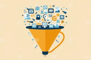 A broad funnel rains icons for ads, email, and social into its mouth—perfect visual shorthand for filling the top of your pipeline efficiently.