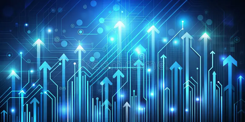 Digital arrows surging upward over a circuit-board backdrop signal the systematic, data-driven growth RA Vibes unlocks for DTC brands.