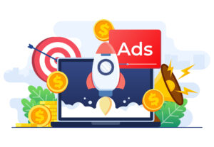 A rocket-powered “Ads” placard blasting off a laptop screen captures how breakeven-or-better ad campaigns fund their own scale.